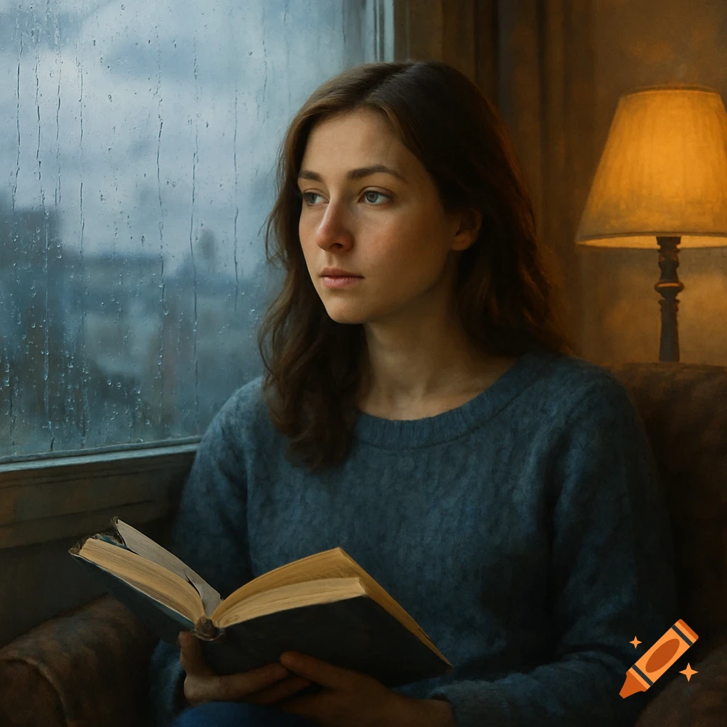 A pensive woman with brown hair and blue eyes stares out a rainy window, holding an open book in a cozy room with a lamp.