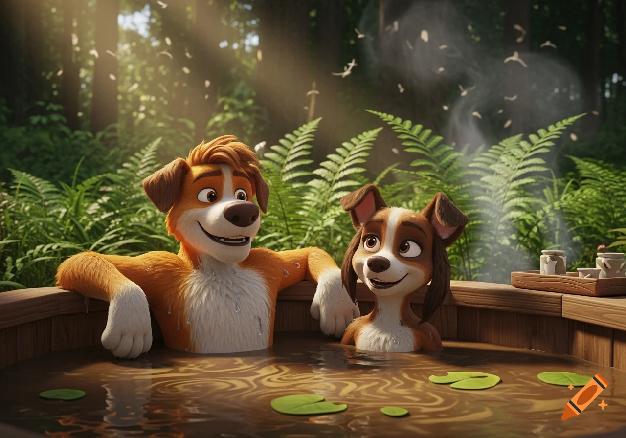 A smiling male and female animated dog couple relaxes in a mud hot tub surrounded by lush green foliage in a sunny forest.