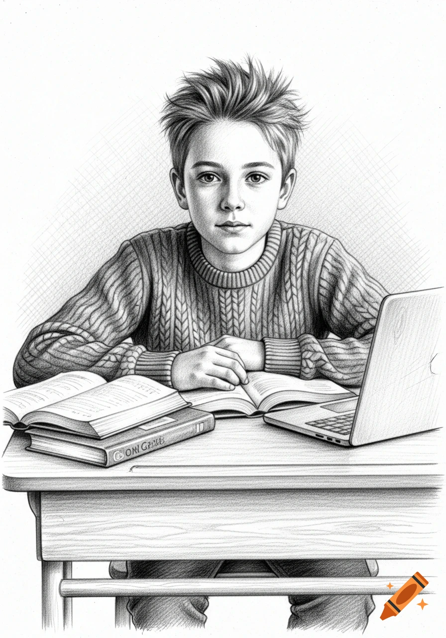 Pencil drawing of a young boy with messy hair in a sweater, sitting at a desk with books and a laptop, studying.