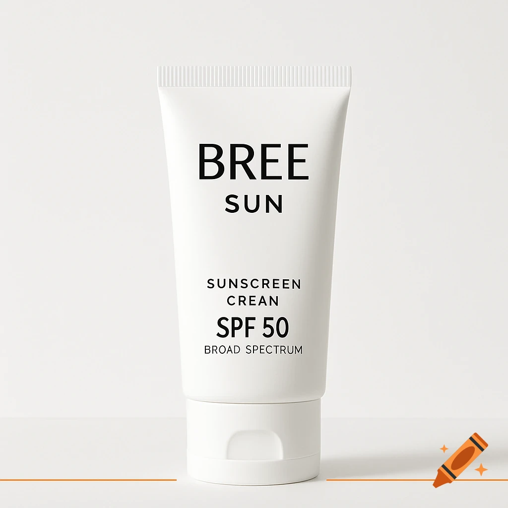 White tube of Bree Sun sunscreen cream with SPF 50 on a white background with an orange line.