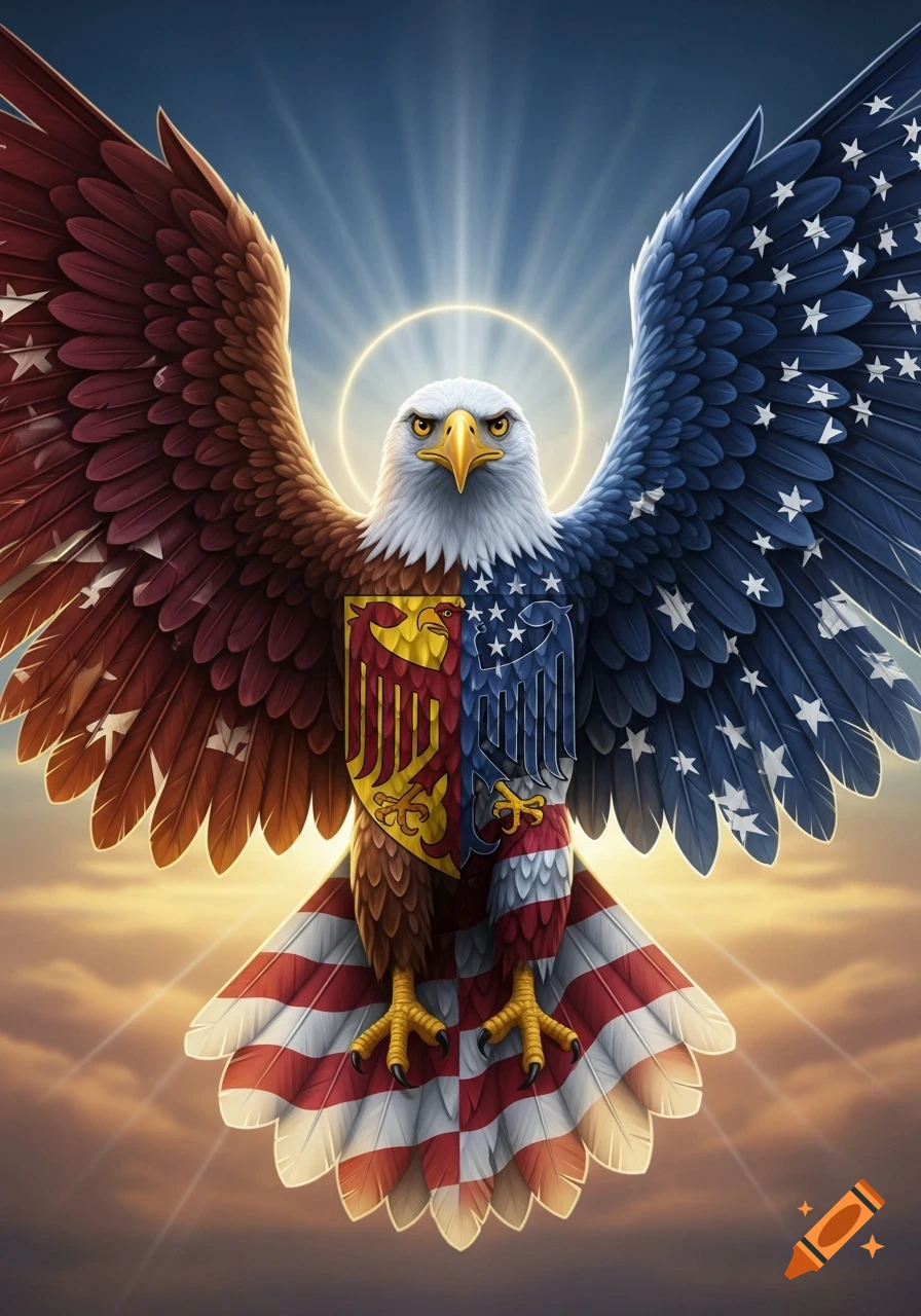 A majestic eagle with wings spread, half US flag and half German imperial eagle design, against a radiant sky.