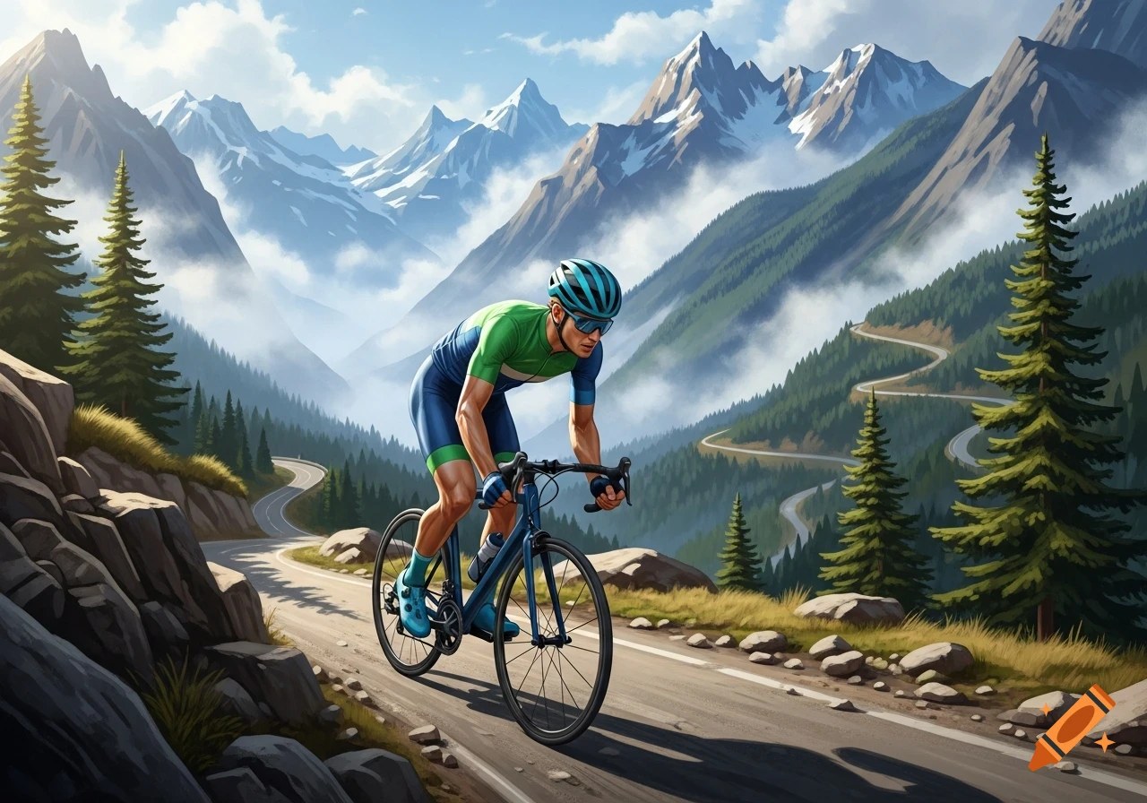 Male cyclist rides up a winding mountain road, with snowy peaks, pine trees, and a clear sky in an illustrative style.