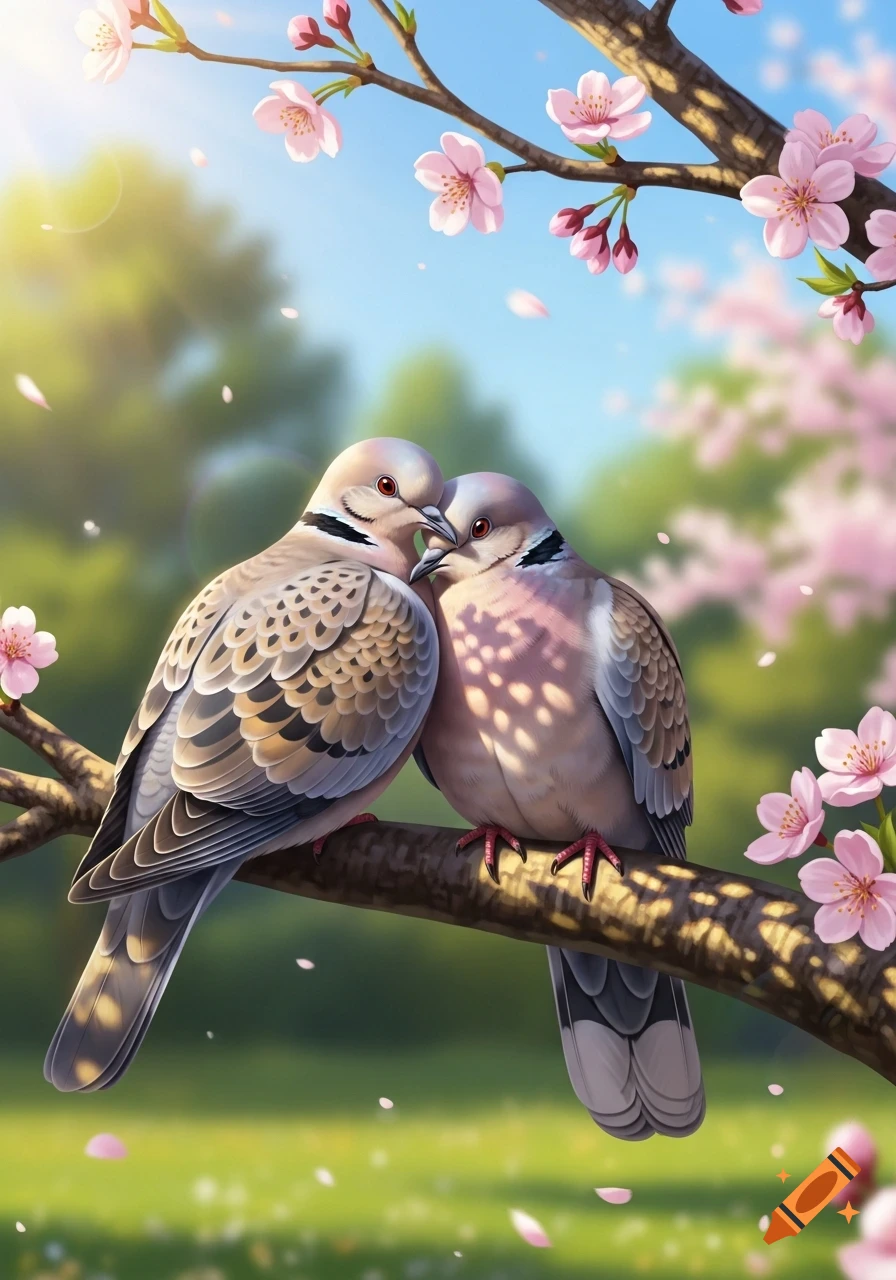 Two turtle doves perched on a cherry blossom branch with pink petals falling, set against a bright, sunny, natural background.