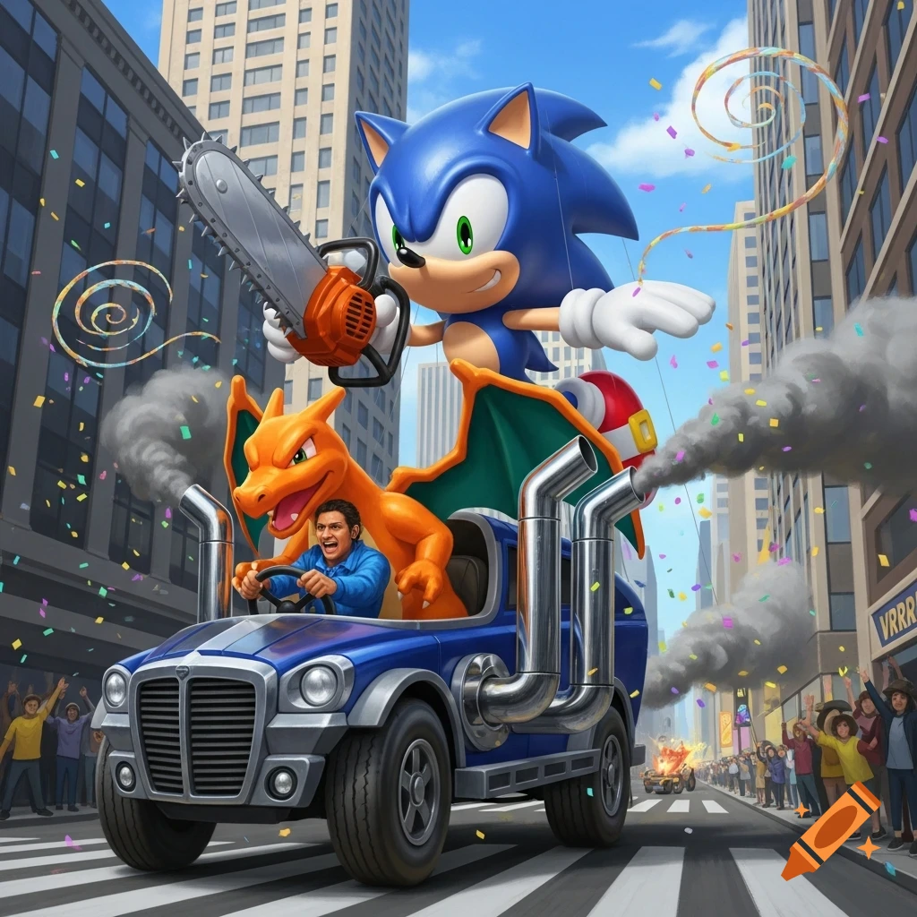 A vibrant parade float in a city, featuring Sonic holding a chainsaw, a Charizard, and a man driving a truck.
