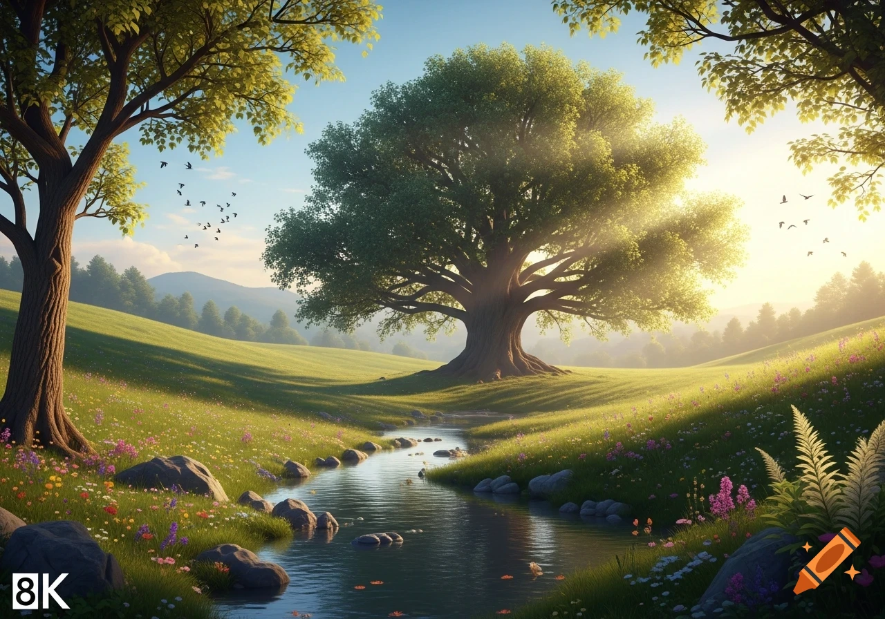 Photorealistic landscape of a large tree in a lush green valley with a winding stream, wildflowers, hills, and birds under a bright sky.