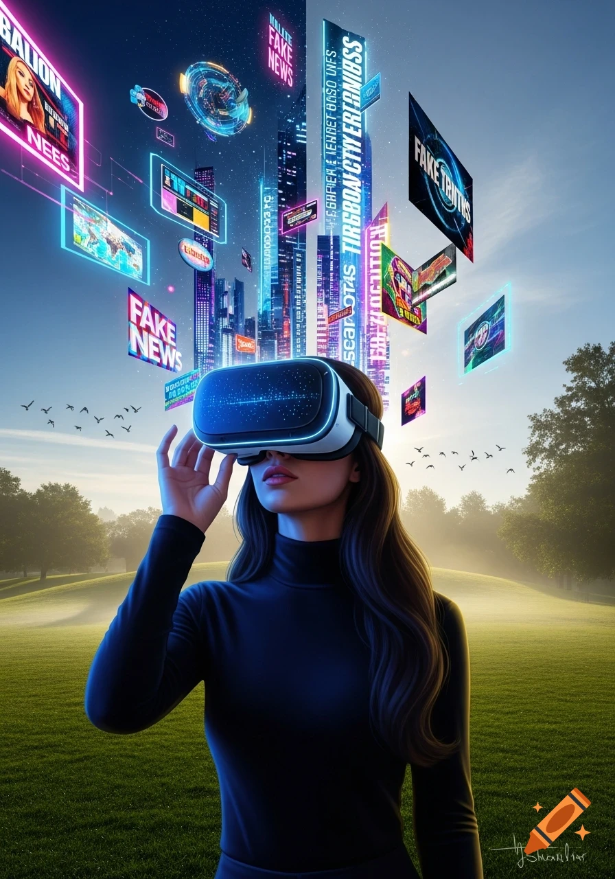 A woman wearing a VR headset in a sunny park, observing a vibrant virtual cityscape with floating screens displaying 'Fake News' and garbled text.