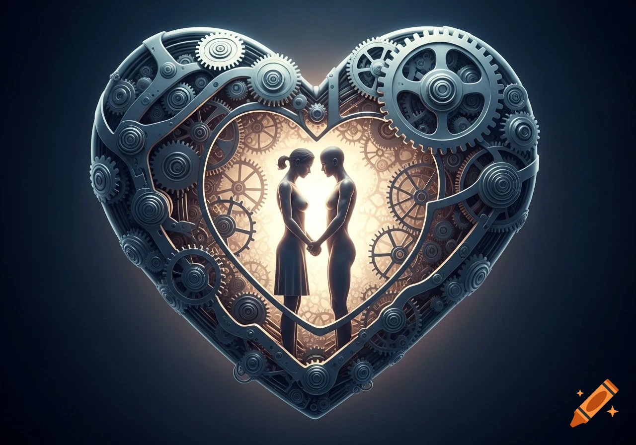 Two stylized figures holding hands inside an intricate, glowing steampunk heart made of gears and metal.