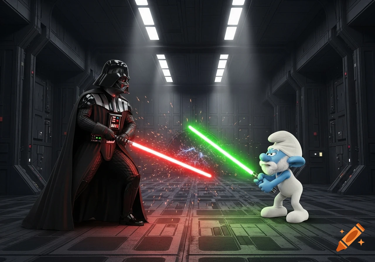 Darth Vader wielding a red lightsaber duels Papa Smurf with a green lightsaber in a dark Death Star corridor.