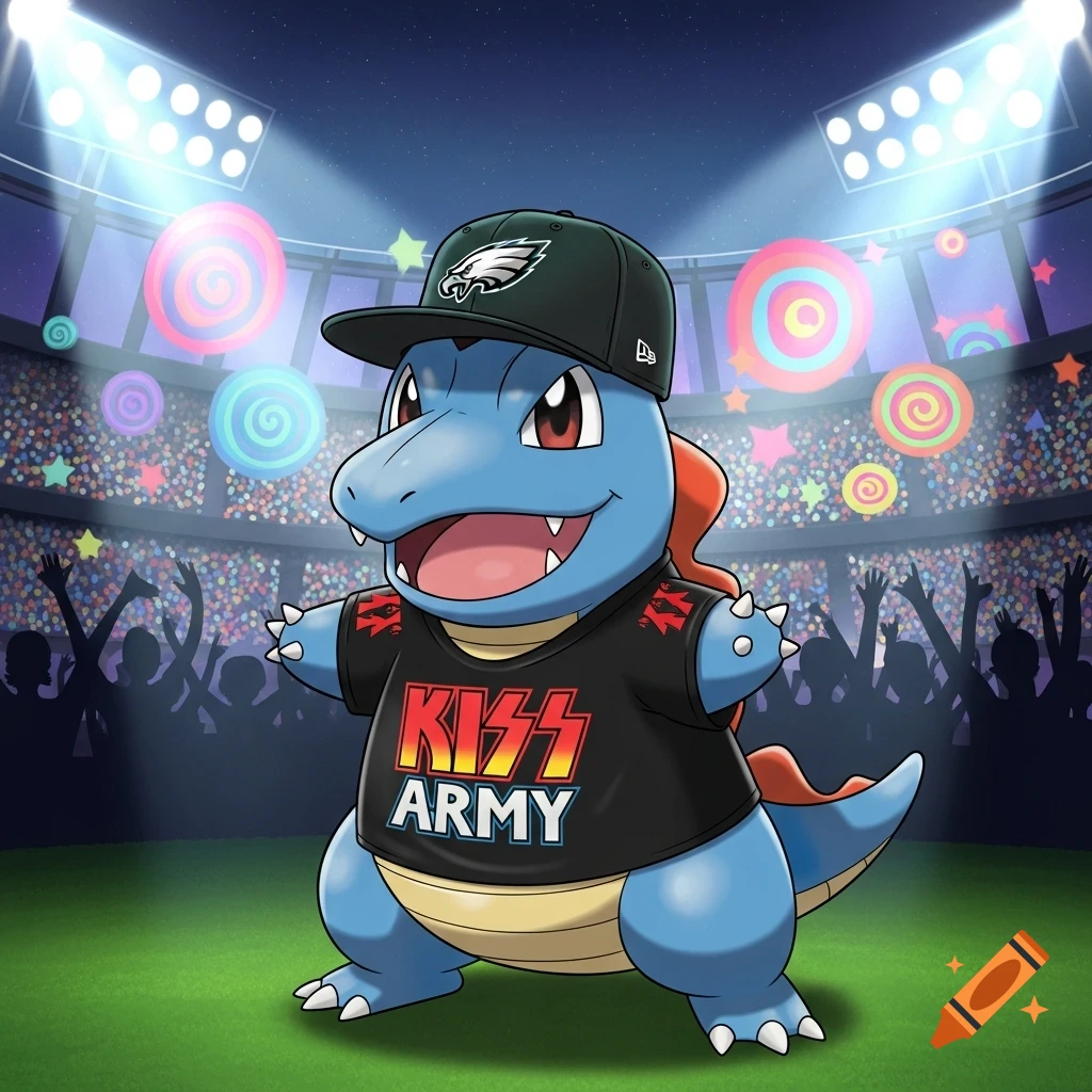 A cartoon Totodile wearing a black Kiss Army t-shirt and a black Philadelphia Eagles baseball cap stands in a brightly lit stadium.