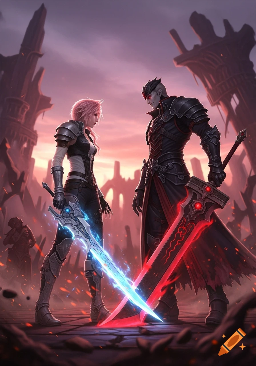 Two Final Fantasy characters, Lightning and Zenos, face each other with glowing swords in a ruined, dusky landscape, digital art.