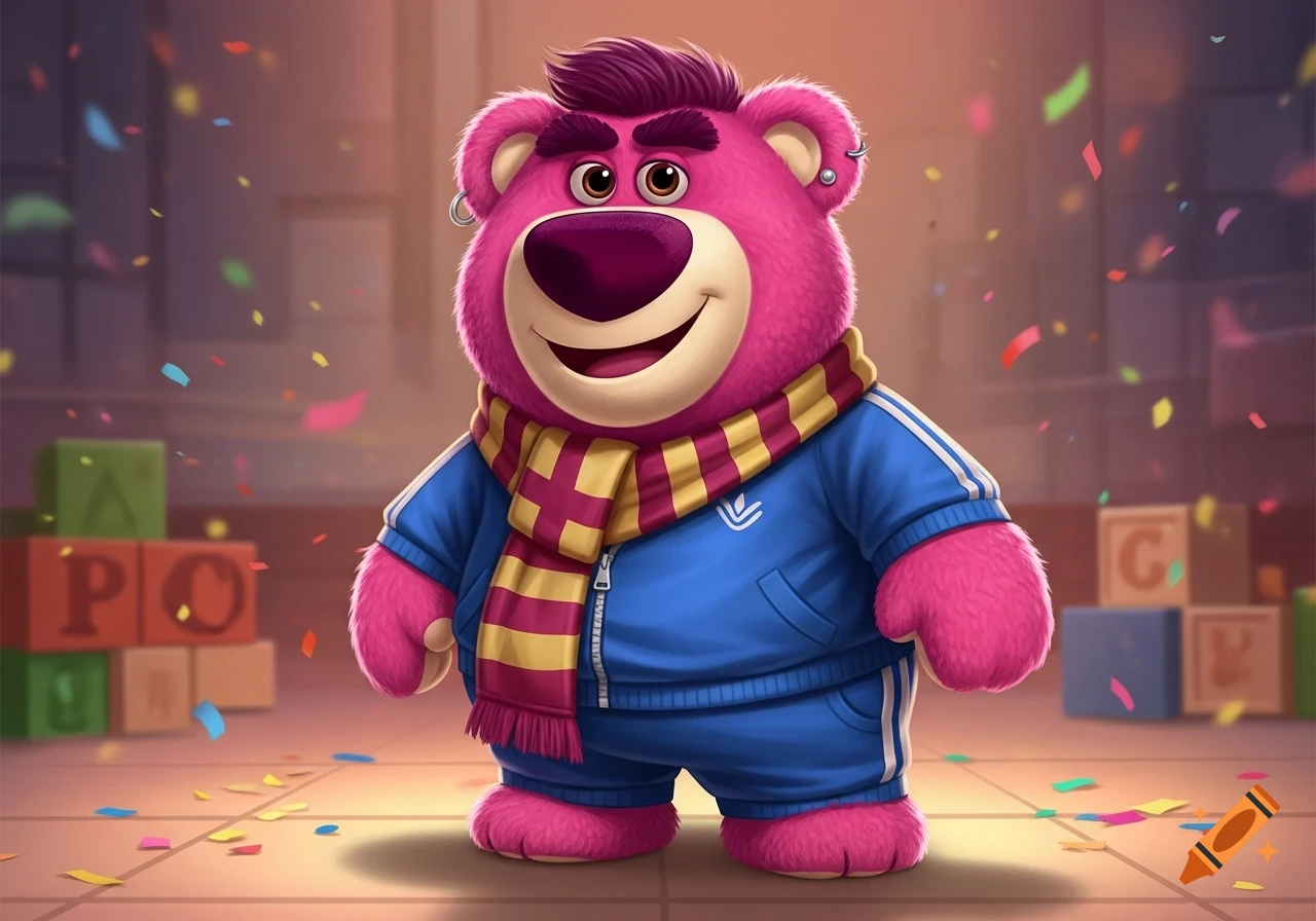 A pink fluffy cartoon bear in a blue tracksuit and striped scarf, with confetti and toy blocks in the background.