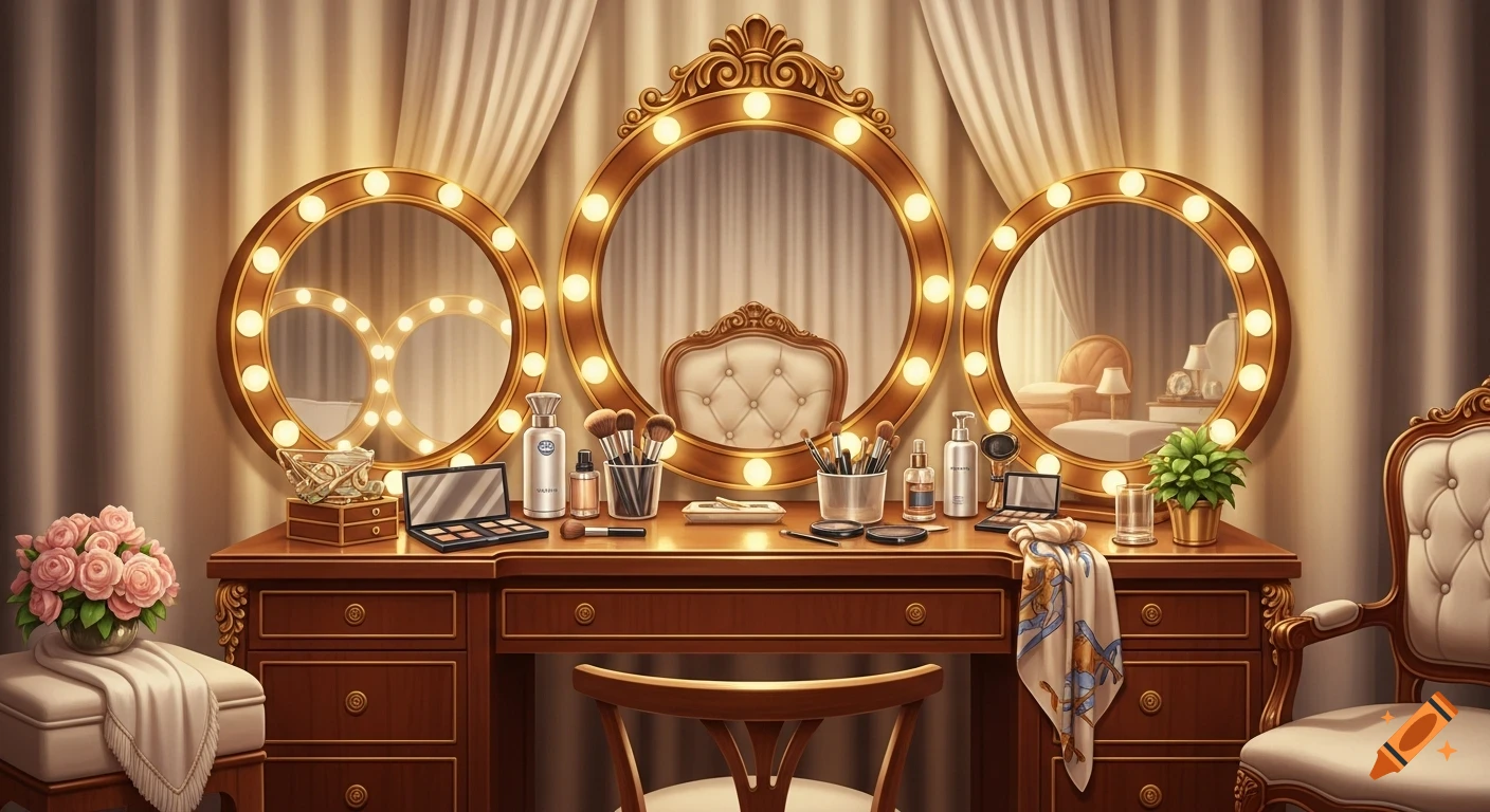 A glamorous dressing table with three ornate, circular mirrors bordered by light bulbs. The wooden vanity holds various makeup products, brushes, and perfumes, with elegant chairs on either side against draped curtains.
