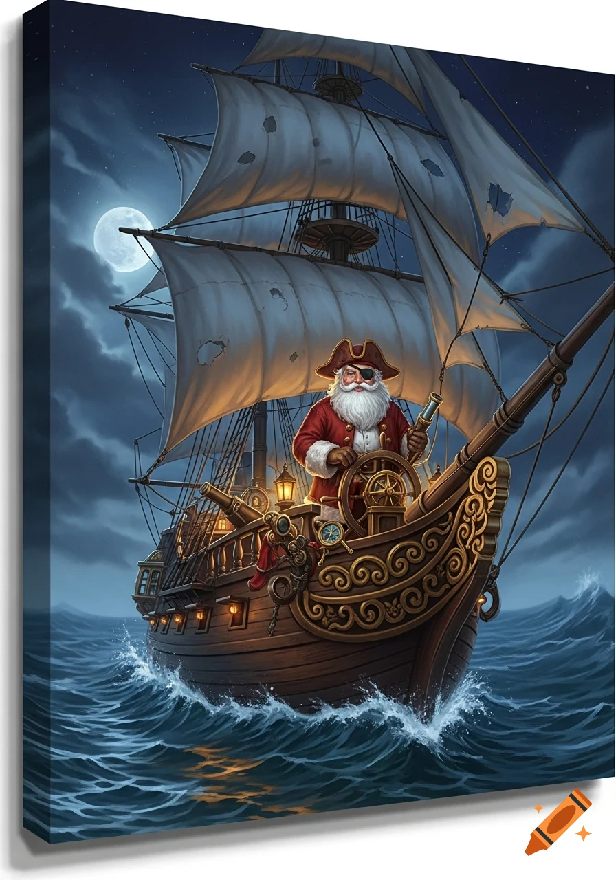 A detailed illustration of Santa Claus dressed as a pirate, steering a sailing ship on a stormy sea at night under a full moon.