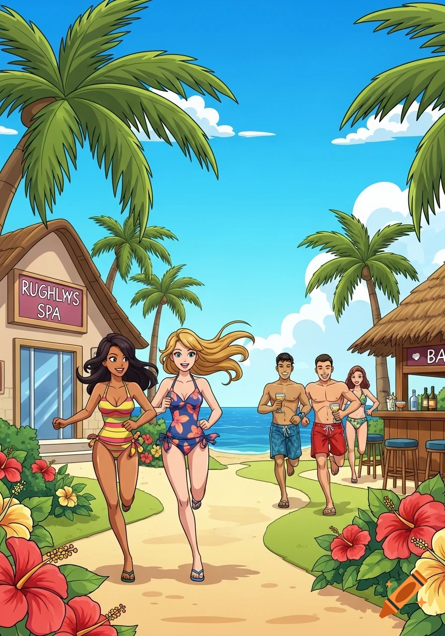 Cartoon of two women in swimsuits running past a spa and three men running towards a bar on a tropical beach.