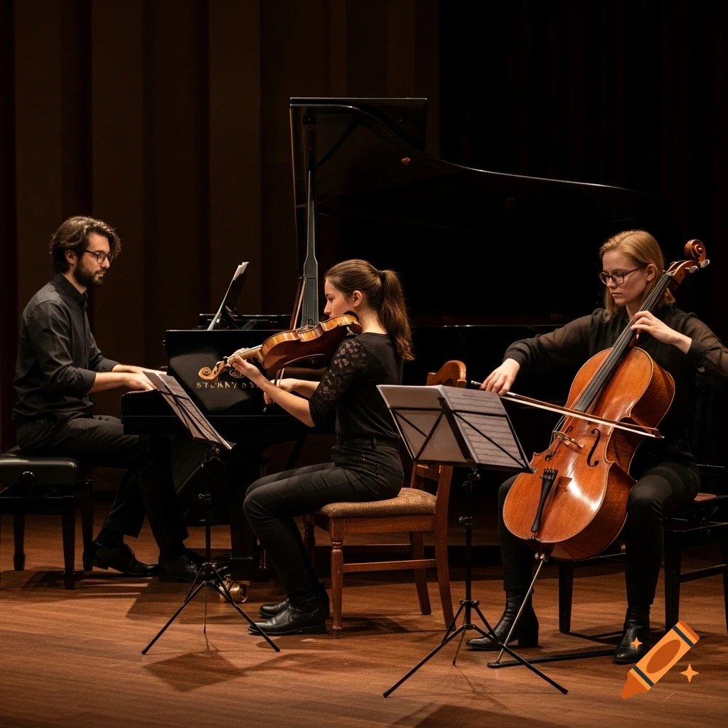 A piano trio performs on stage: a man plays piano, a woman plays violin, and another woman plays cello.
