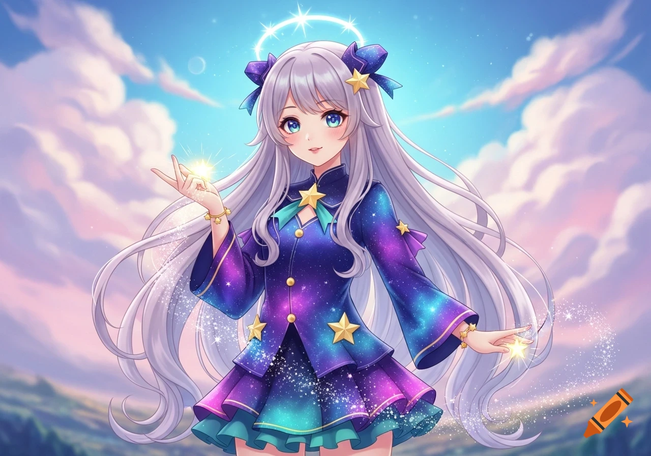 Anime girl with silver hair and blue eyes, wearing a galaxy-patterned dress, holding sparkling stars, with a halo and pastel sky background.