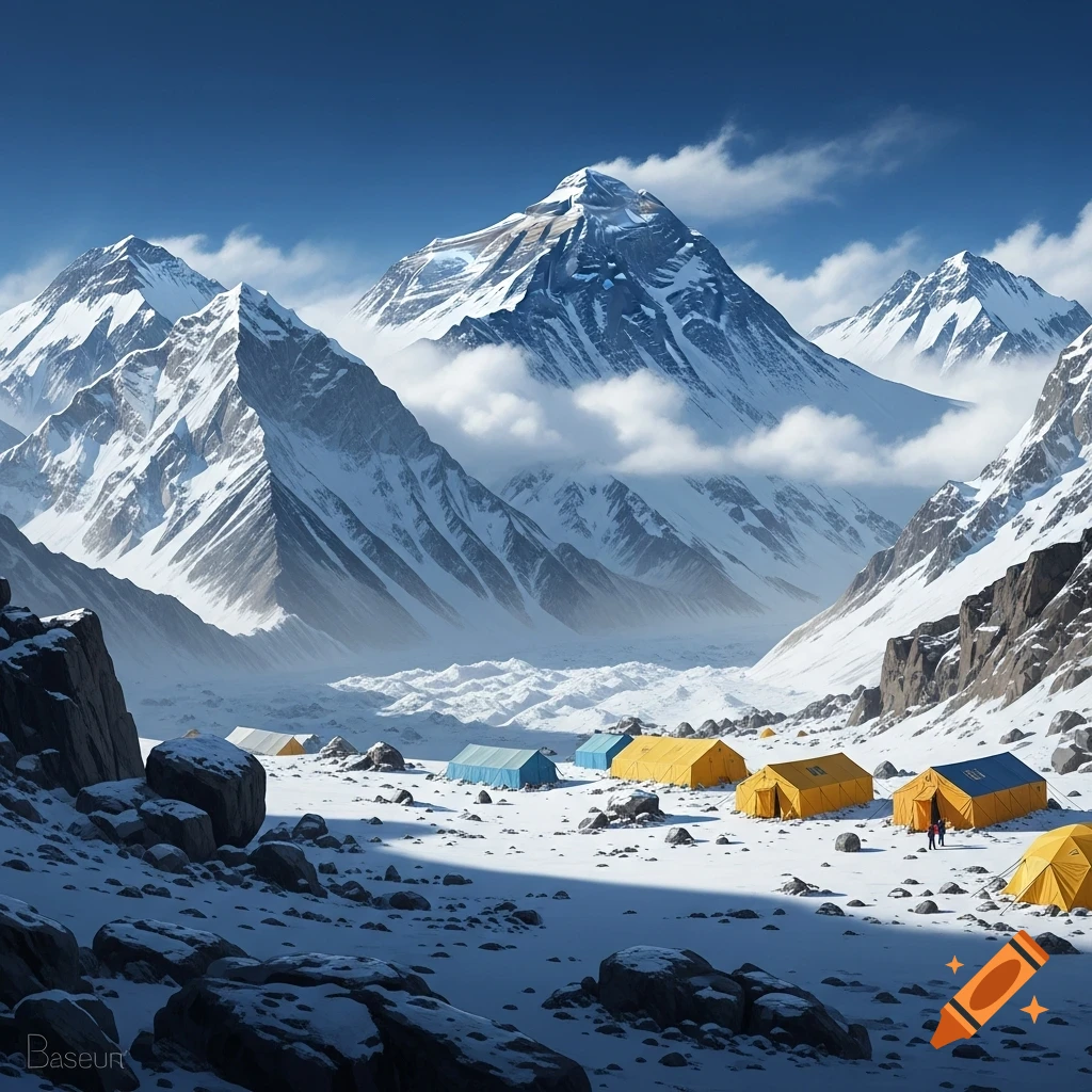 Photorealistic snow-covered base camp with colorful tents in a valley, framed by majestic, cloud-capped Himalayan mountains.