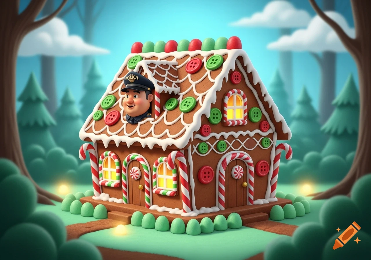 A cartoon police officer's head peeks from a window of a festive gingerbread house decorated with candies and buttons, set in a whimsical forest.