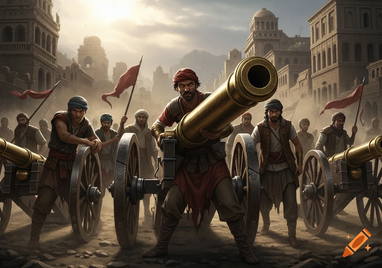 Stern-faced revolutionaries push cannons down a dusty city street with ancient buildings under a cloudy sky.