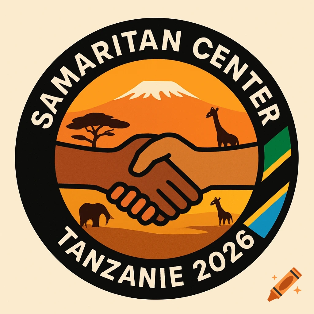Circular logo with a handshake, African savanna with Kilimanjaro, giraffes, elephant, and 'SAMARITAN CENTER TANZANIE 2026' text, in flat design.
