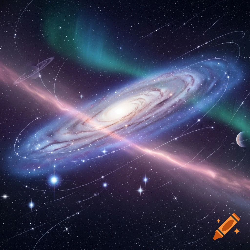 Vibrant spiral galaxy with bright core, surrounded by stars, meteor trails, ringed planets, and colorful nebulae.