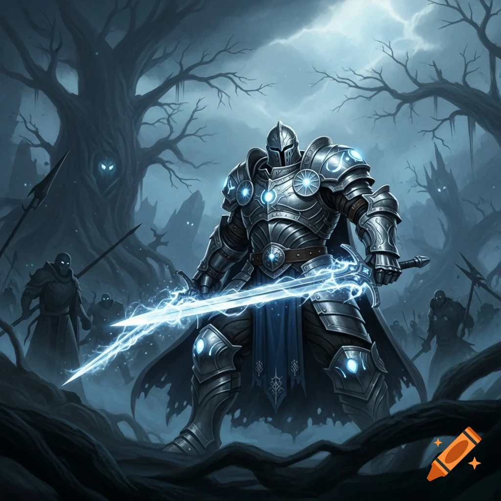 A heavily armored paladin with a glowing energy longsword stands in a dark, sinister forest with glowing-eyed trees and shadowy figures.