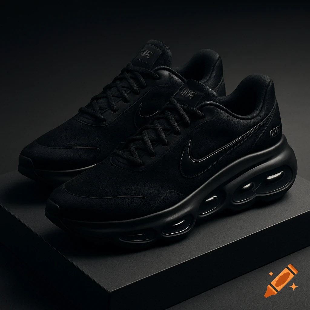 Two sleek black Nike Air Max DN sneakers with prominent air cushions, dramatically lit on a dark surface.