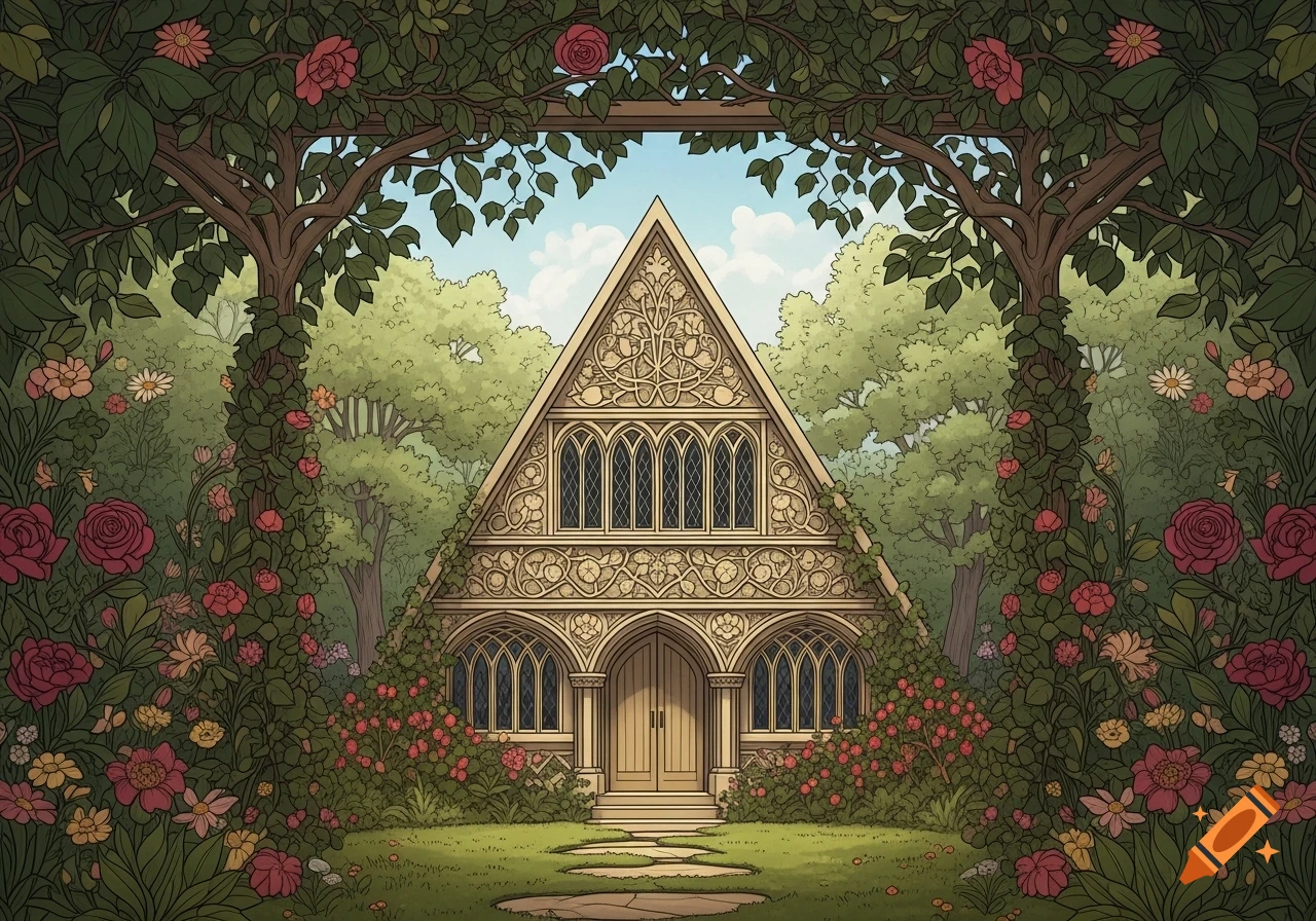 A William Morris inspired illustration of a triangle-shaped building surrounded by a lush garden with trees and colorful flowers.
