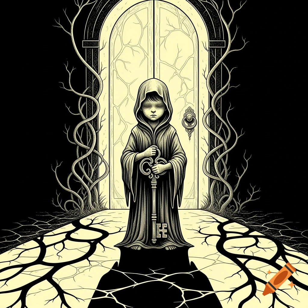 Dark fantasy illustration of an eyeless child in a tattered robe holding an ornate key, standing before a glowing, arched door, in pale yellow and black.