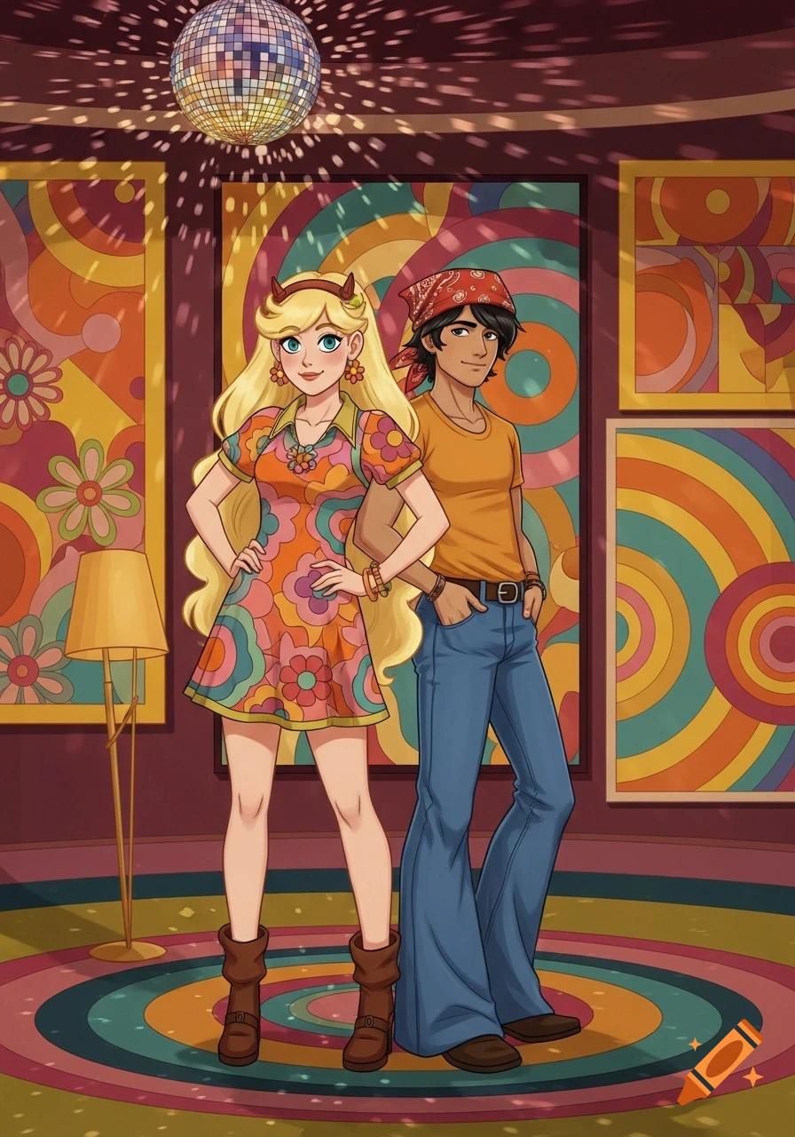 Cartoon characters Star Butterfly and Marco Diaz in 1970s fashion stand in a vibrant disco room with a disco ball.