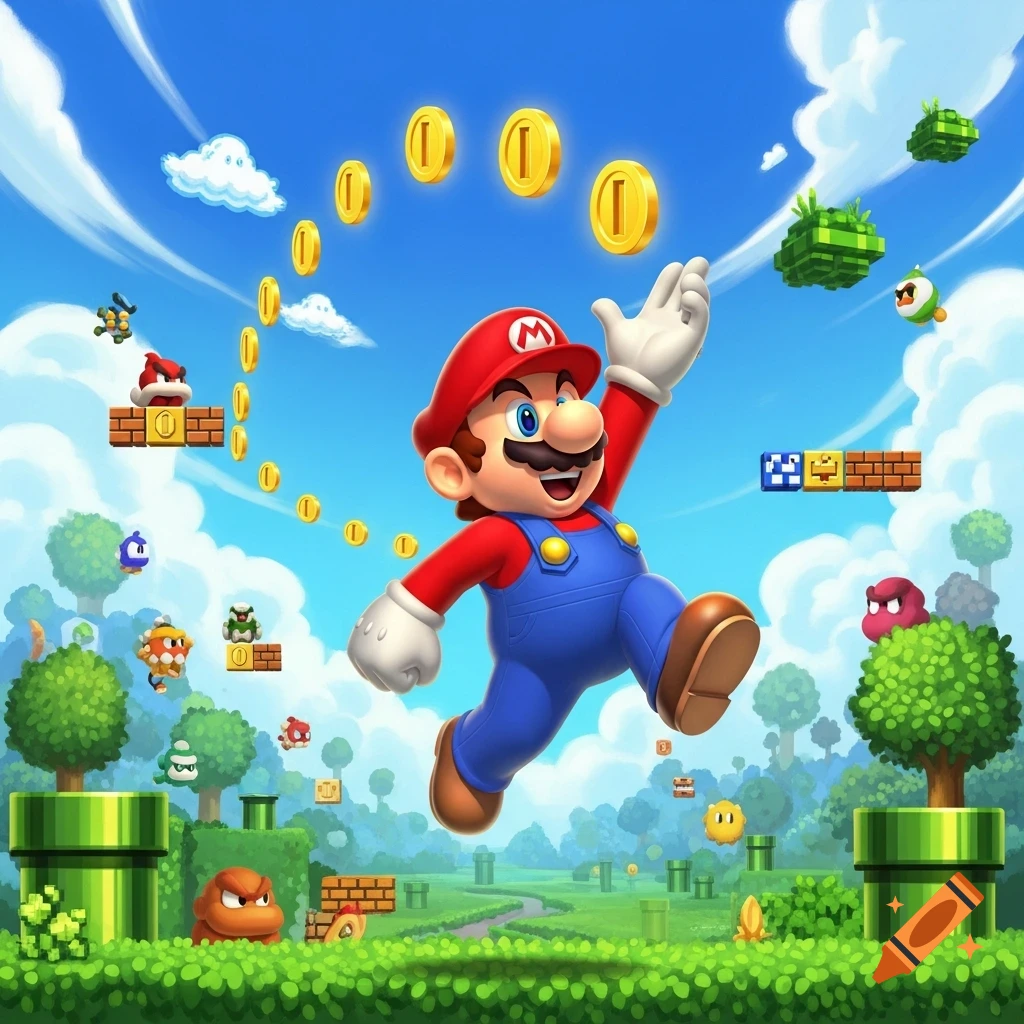 Mario jumps in a vibrant cartoon landscape with floating coins, warp pipes, and various enemies from the Super Mario games.