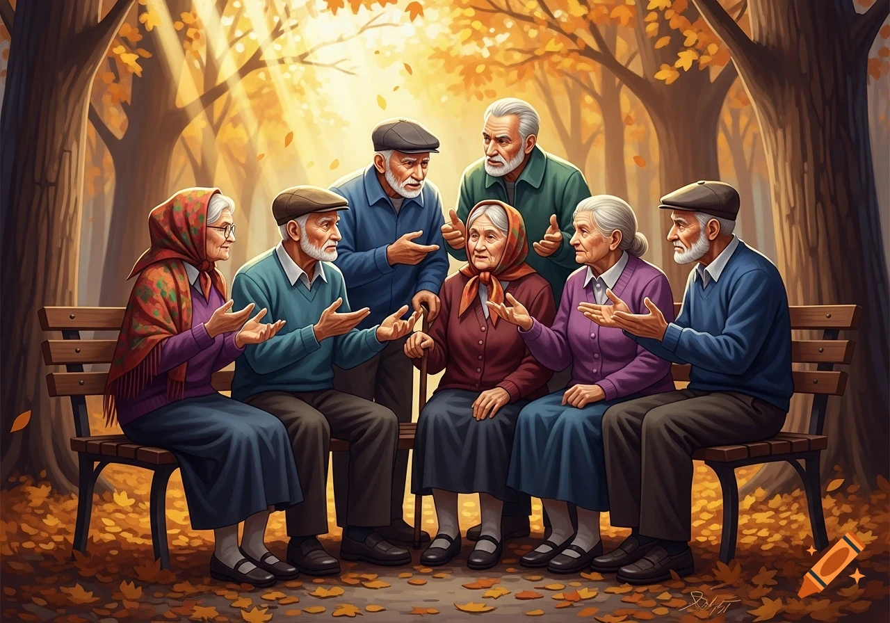 A group of six elderly people, three men and three women, sit and stand on park benches, engaged in animated discussion amidst falling autumn leaves and warm sunlight.