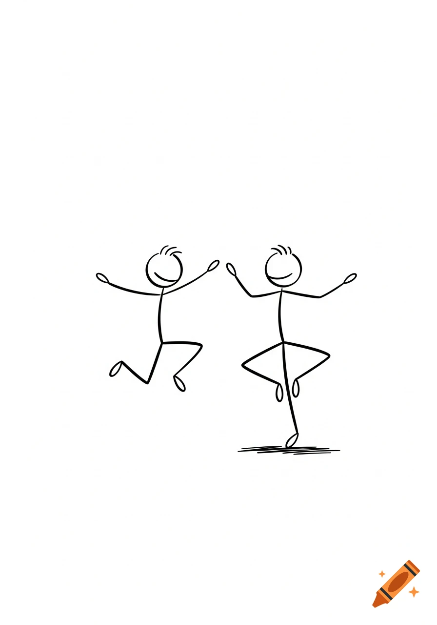 Two black outline stick figures on a white background, one jumping and the other balancing on one leg.