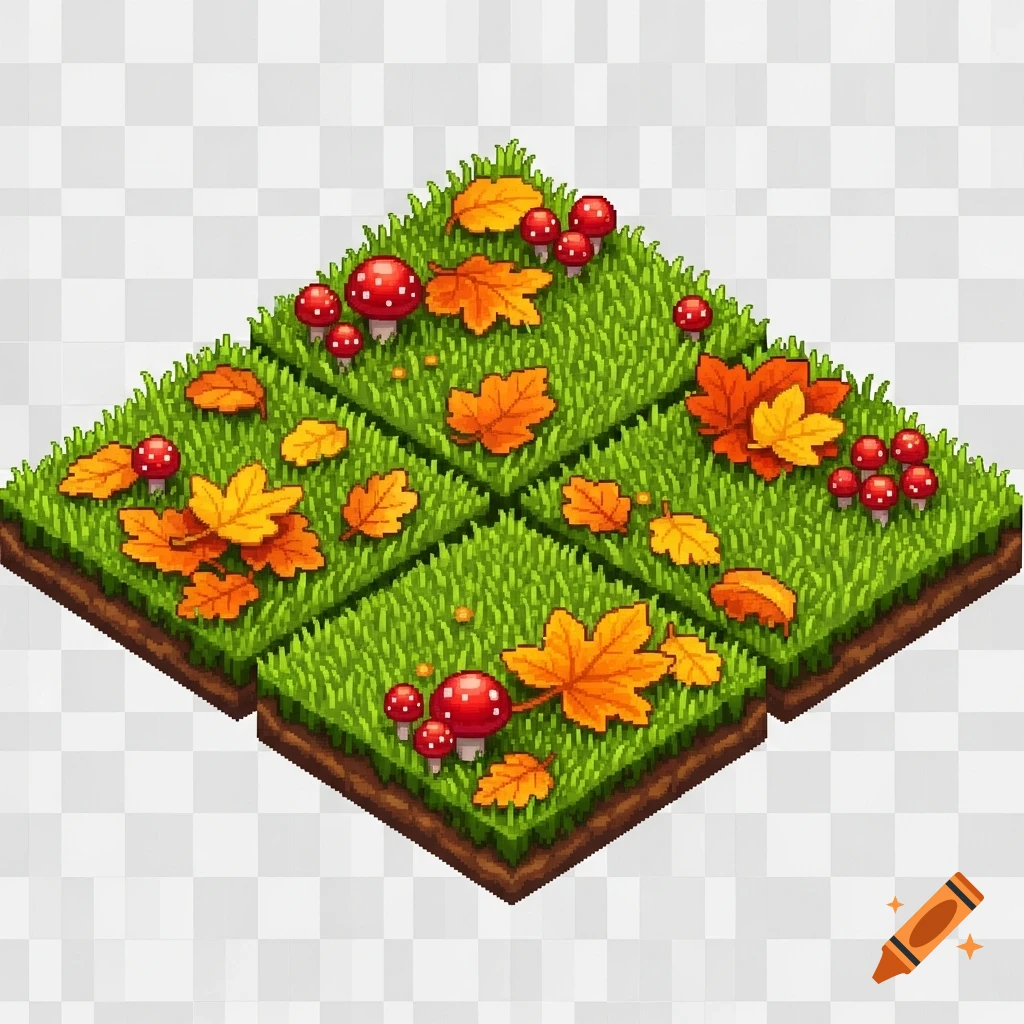 Isometric pixel art tile of a forest floor with green grass, autumn leaves, and red mushrooms on a transparent background.