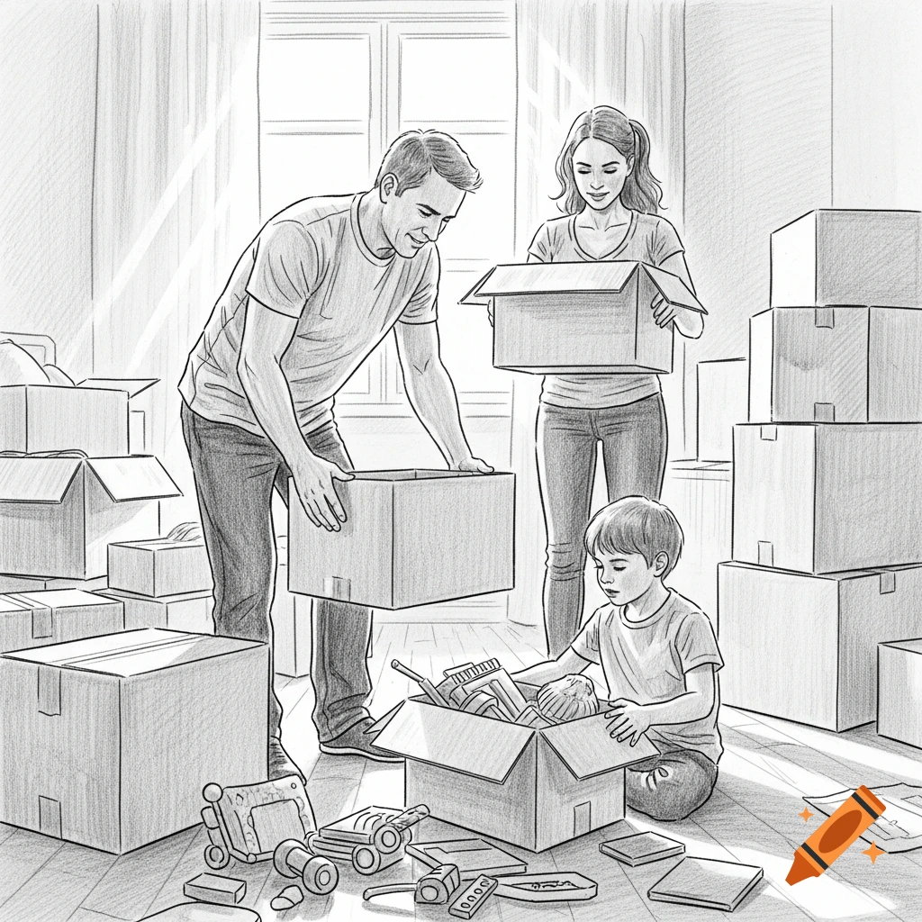 A pencil sketch of a family of three packing boxes. A man and woman pack large boxes, while a child plays with toys from an open box on the floor.