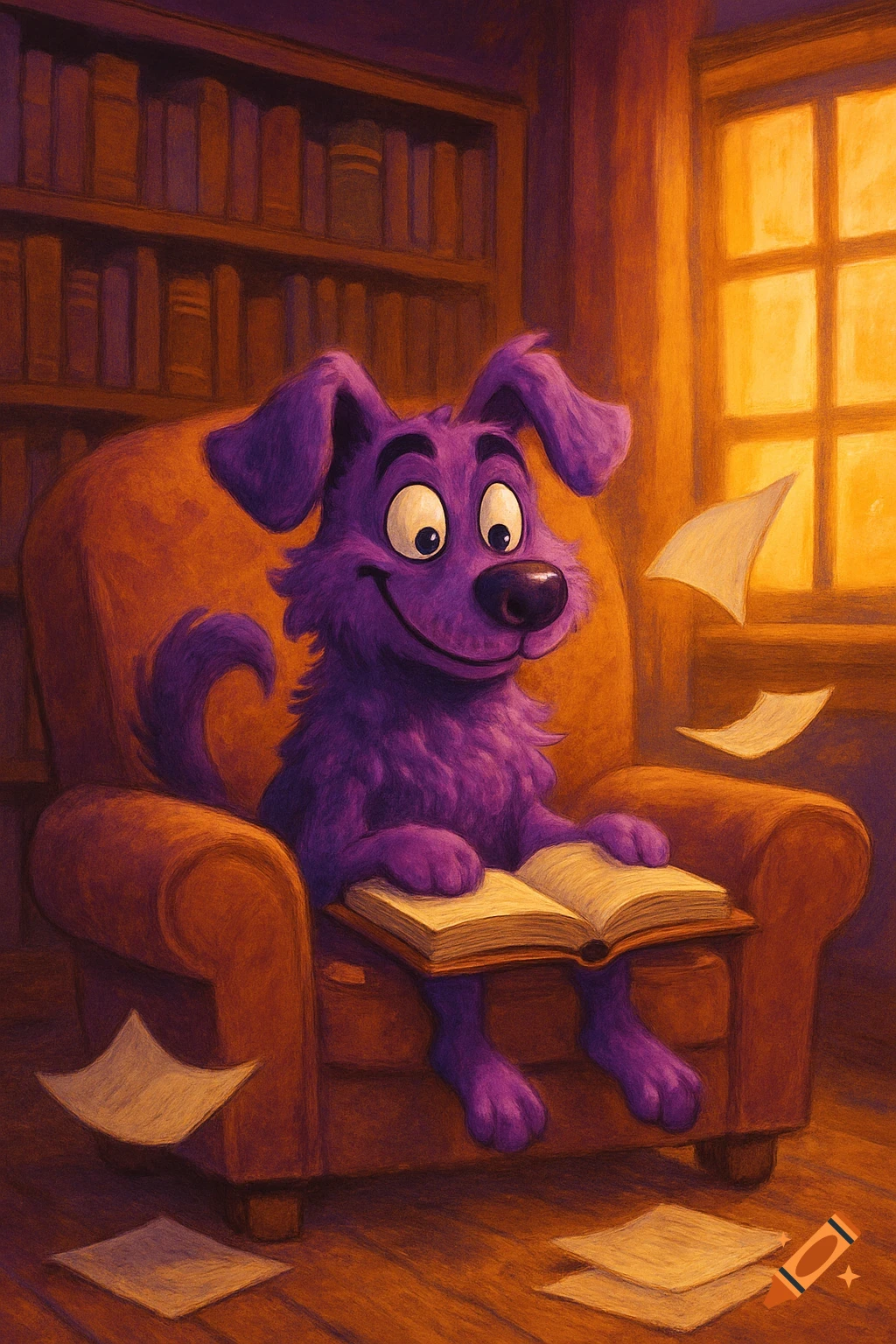 A cheerful purple cartoon dog sits in a brown armchair, reading an open book in a warm, cozy room with a bookshelf.
