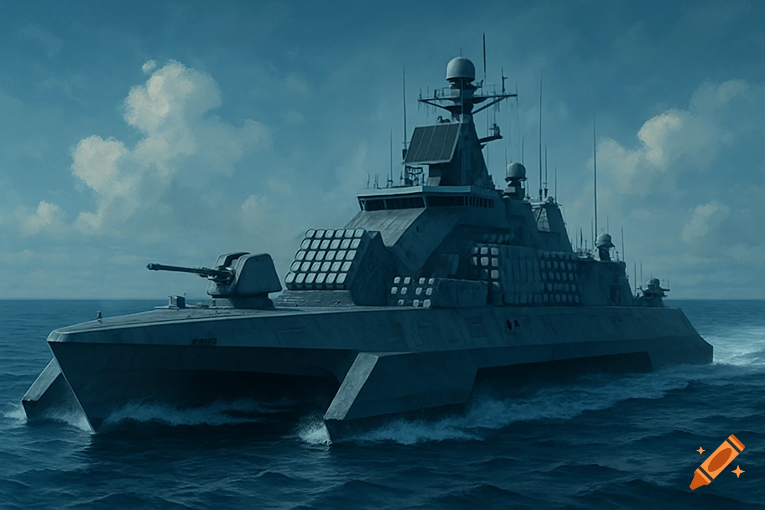 A futuristic stealth catamaran warship with a large gun and missile launchers navigates a teal-blue ocean under a cloudy sky.