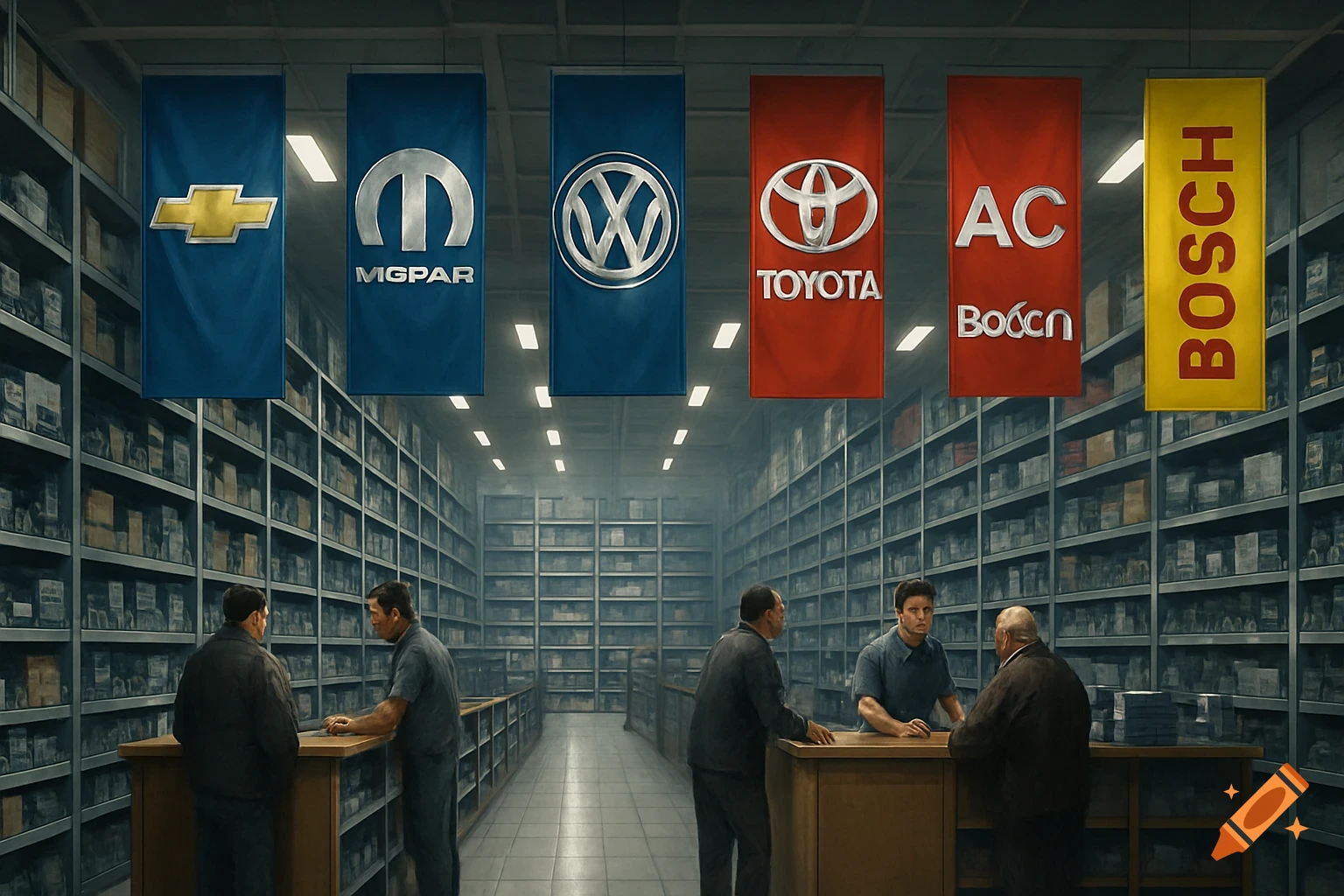 Interior view of an auto parts store with tall shelves stocked with boxes. Several men interact at counters below banners displaying car brands like Chevrolet, Mopar, VW, Toyota, AC, and Bosch.