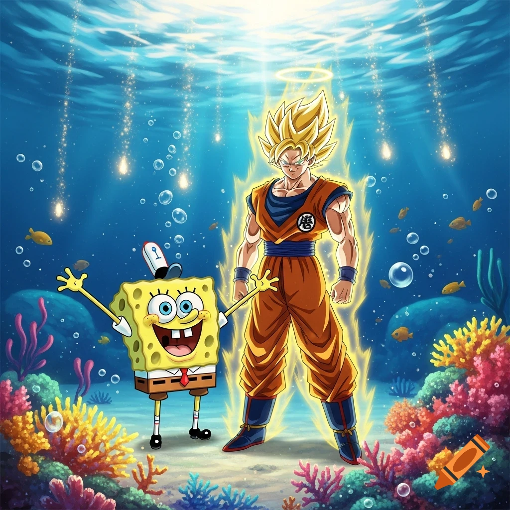 A vibrant cartoon image of Super Saiyan Goku and Spongebob Squarepants standing on a colorful coral reef underwater.