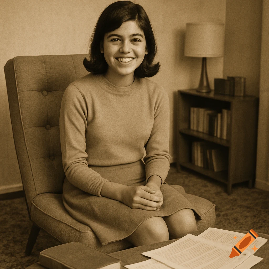 Sepia-toned portrait of a smiling young woman with dark hair, sitting in a lounge chair with homework papers on a table.
