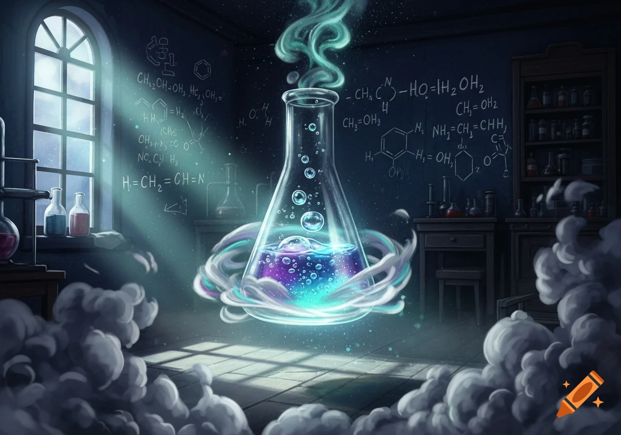 A glowing, bubbling flask with colorful liquid levitates in a dark, magical lab, surrounded by mist and chemical formulas on the wall.