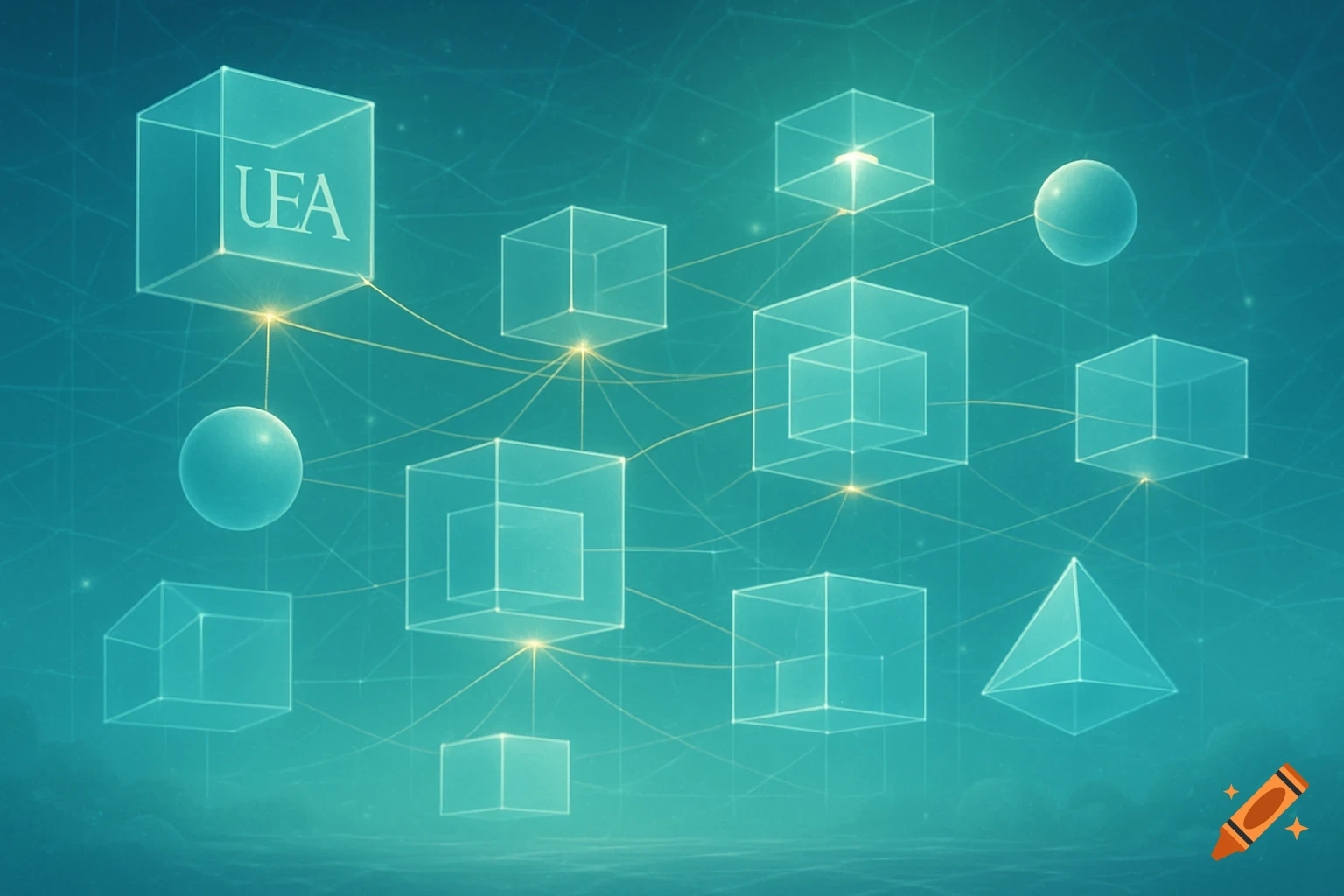 Glowing transparent cubes, spheres, and a pyramid connected by lines against a teal background, with 'UEA' on one cube.