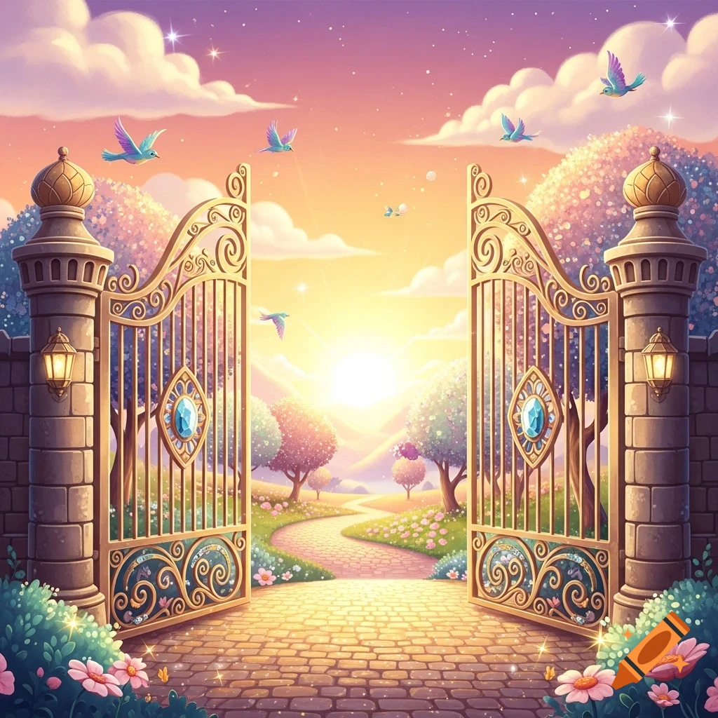 Ornate golden gates open to a path through a magical, sparkling fairytale landscape with pastel skies and birds.