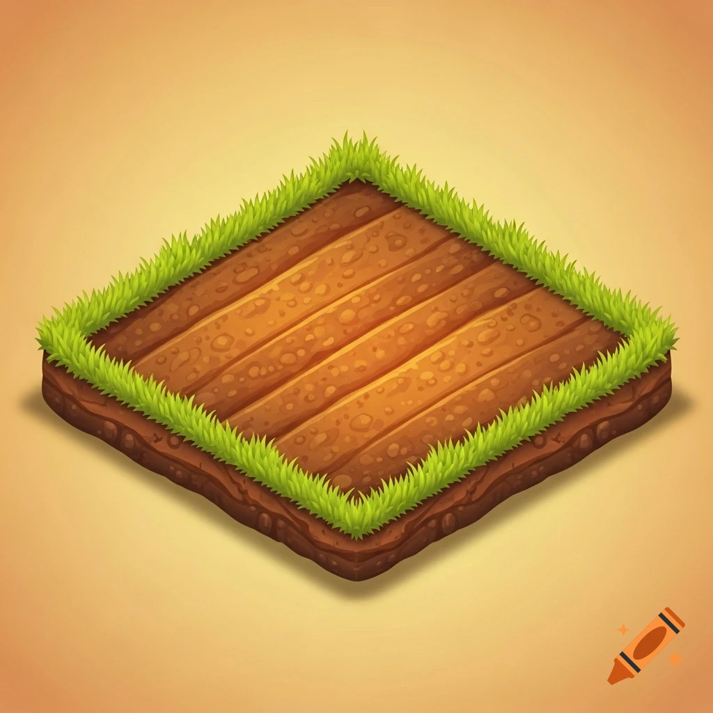 An isometric 2D sprite of a farm soil tile, showing tilled brown earth with a border of vibrant green grass.