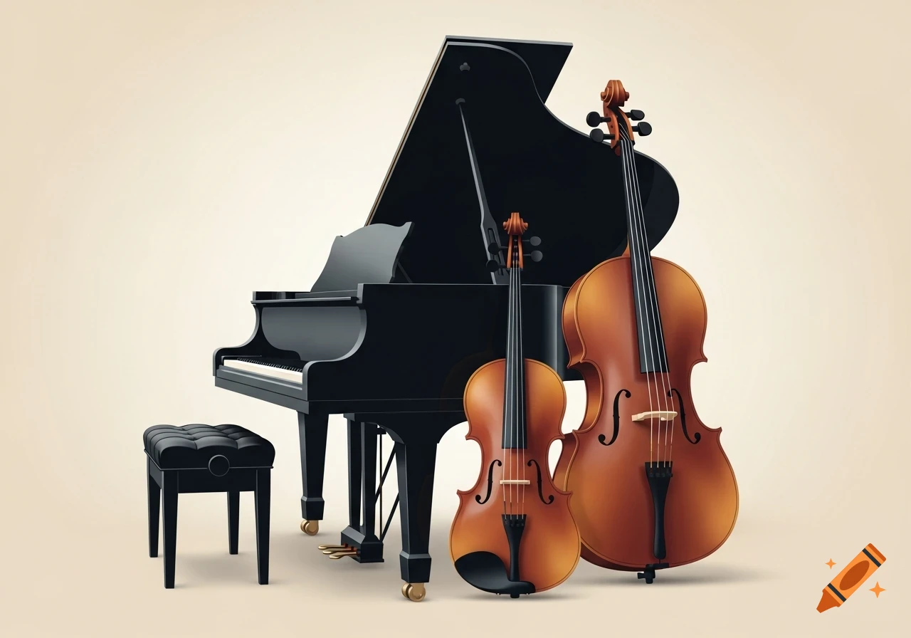 A simplistic illustration of a black grand piano, a violin, a cello, and a piano stool on a light background.