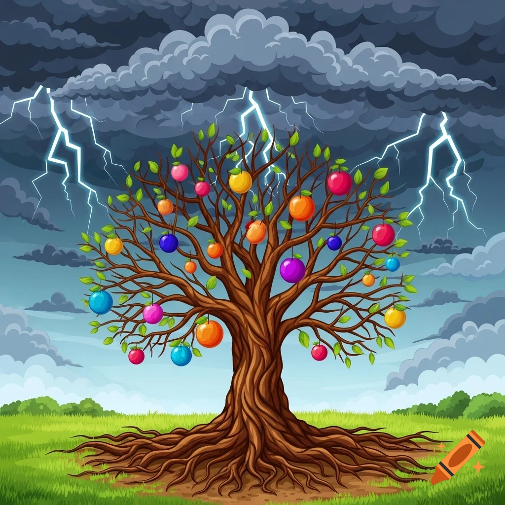 Cartoon tree with colorful fruits and exposed roots in a green field under a stormy sky with lightning.