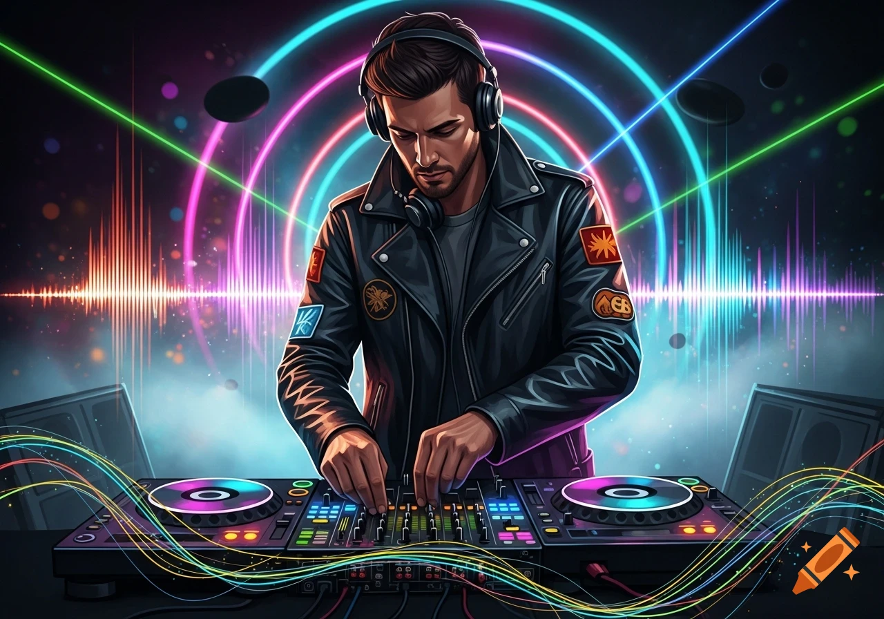 A male DJ in a leather jacket and headphones mixes music on a console, surrounded by vibrant neon lights and sound wave graphics.