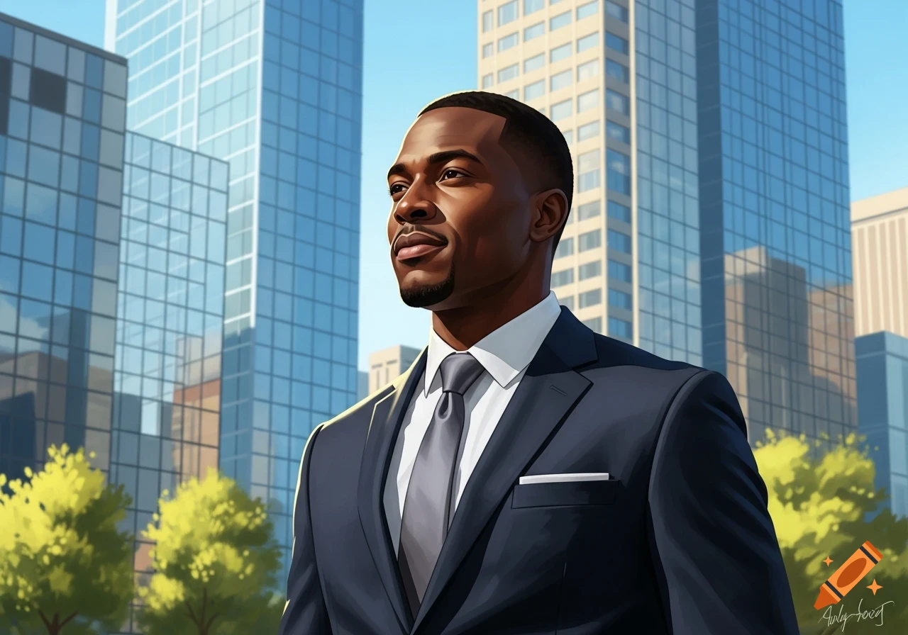 Confident Black man in a dark suit against a bright city skyline ...