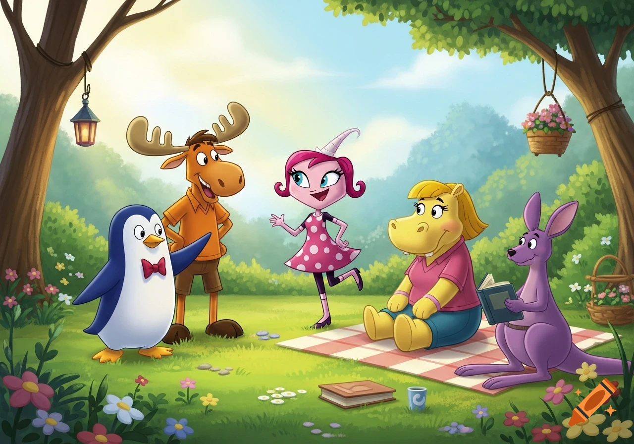 A group of cheerful cartoon animals, including a penguin, moose, unicorn, hippo, and kangaroo, enjoy a sunny picnic in a lush green park.