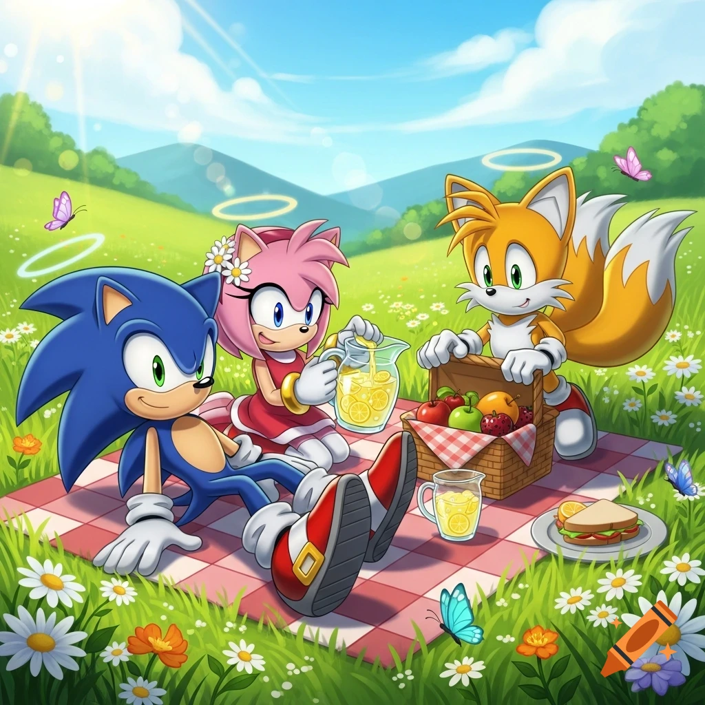 Sonic the Hedgehog, Amy Rose, and Tails enjoying a picnic in a sunny, green meadow with flowers and butterflies.
